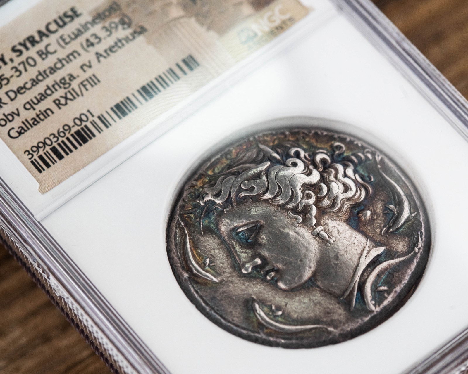 Macro shot of a graded ancient silver coin