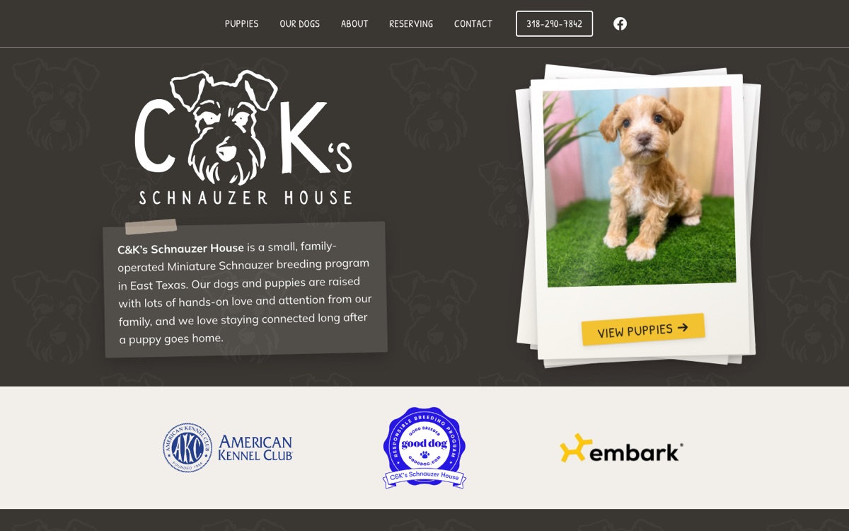Homepage of the C&K's Schnauzer House website, with a Miniature Schnauzer puppy in a polaroid frame beside the hand-drawn logo.