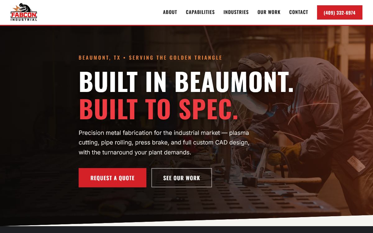 Homepage of the Fabcon Industrial website — welder at work behind the headline 'Built in Beaumont. Built to spec.'