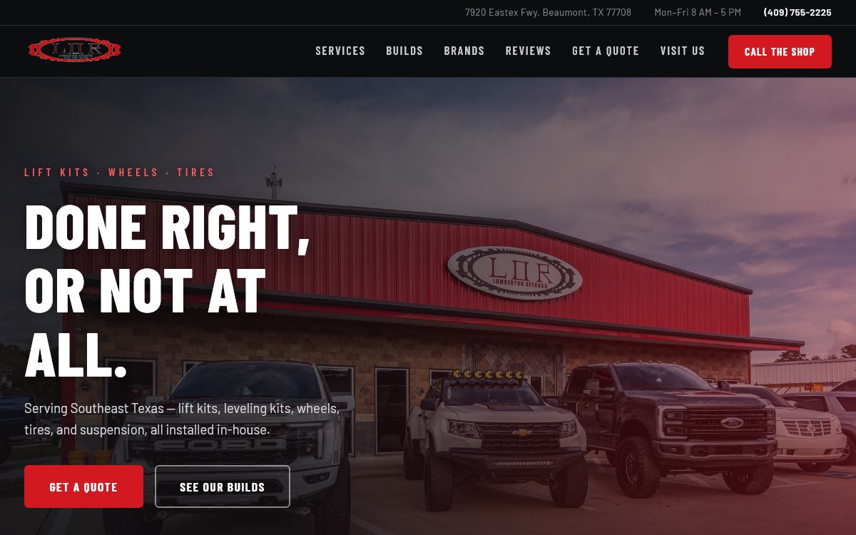 Homepage of the Lumberton Offroad website — lifted trucks in front of the Beaumont shop with the headline 'Done right, or not at all.'