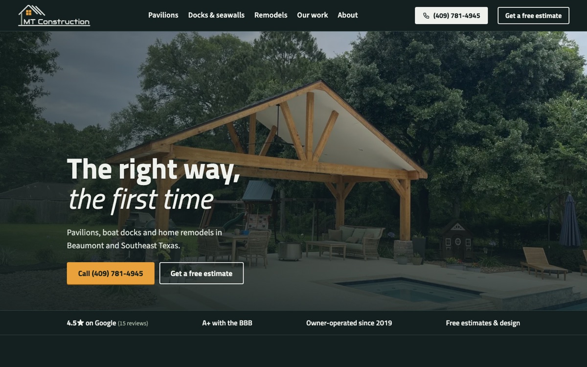 Homepage of the MT Construction website, with a heavy-timber backyard pavilion behind the headline 'The right way, the first time.'